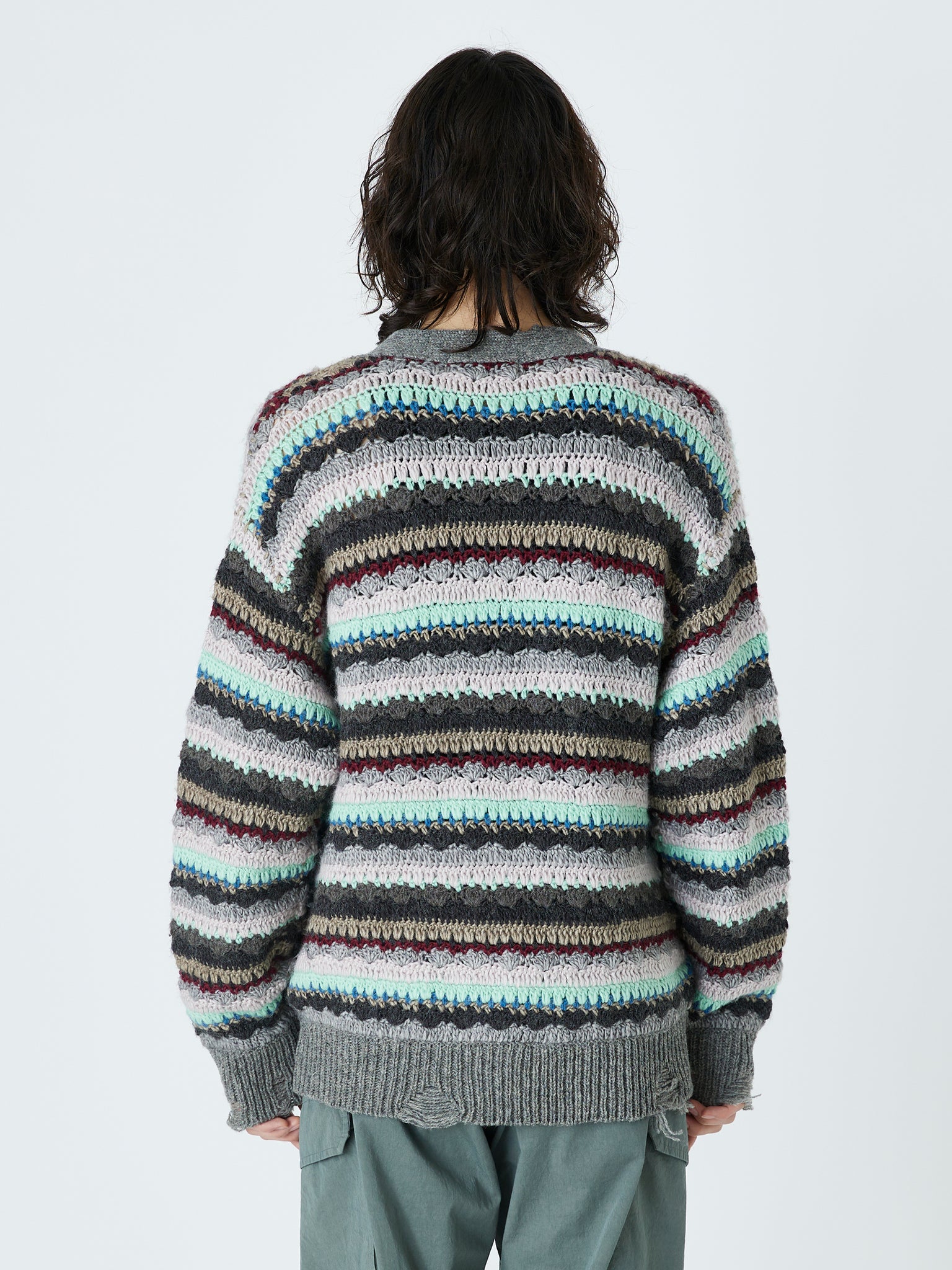 CROCHET KNIT CARDIGAN<br />[HEATHER GRAY]