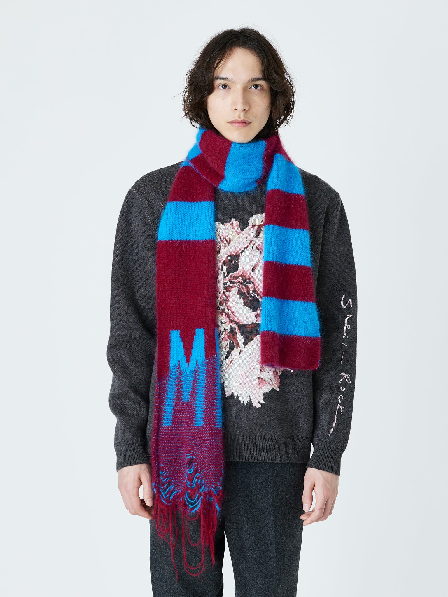 KNITTED STRIPE MUFFLER<br />[BORDEAUX×BLUE]