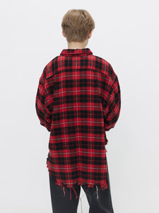 HEM DAMAGED CHECK SHIRT<br />[RED CHECK]