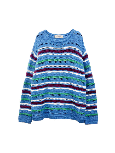 Crochet Striped Pullover<br />[SAX BLUE]